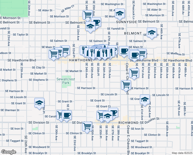 map of restaurants, bars, coffee shops, grocery stores, and more near 1803 Southeast 35th Place in Portland