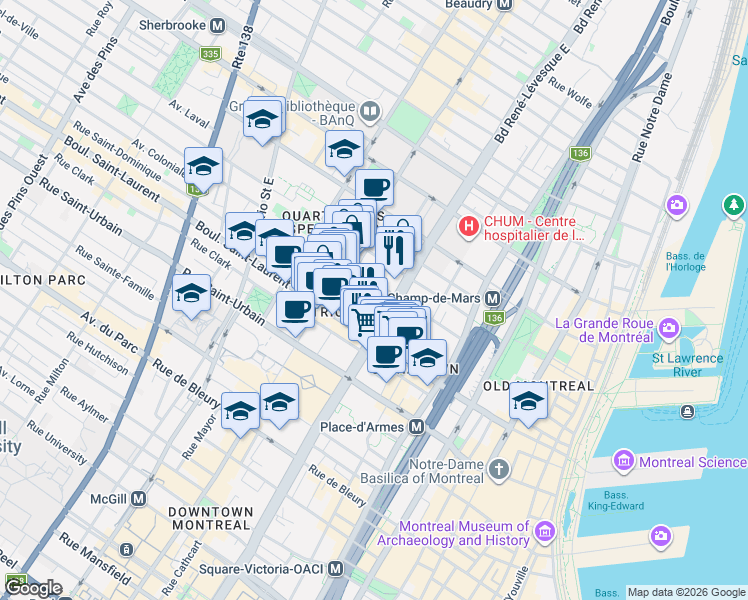 map of restaurants, bars, coffee shops, grocery stores, and more near 98 Charlotte Street in Montrã©Al