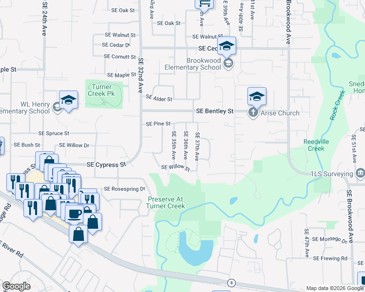 map of restaurants, bars, coffee shops, grocery stores, and more near 1171 Southeast 36th Avenue in Hillsboro