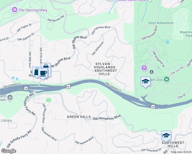 map of restaurants, bars, coffee shops, grocery stores, and more near 4786 Southwest Elm Lane in Portland