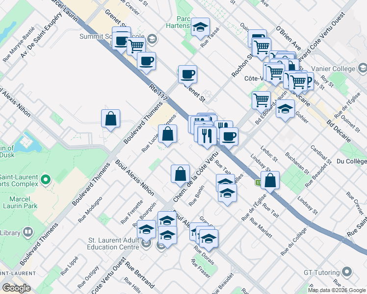 map of restaurants, bars, coffee shops, grocery stores, and more near 1156 Rue Saint-Aubin in Montréal