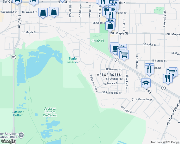 map of restaurants, bars, coffee shops, grocery stores, and more near 803 Southeast Tamango Street in Hillsboro