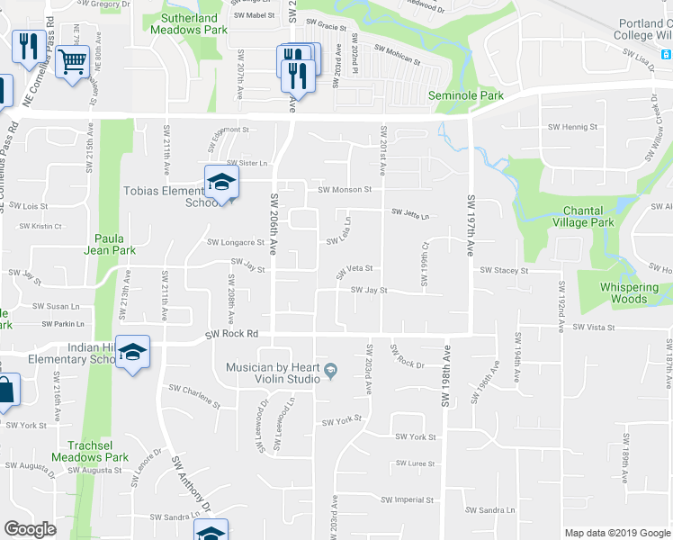 map of restaurants, bars, coffee shops, grocery stores, and more near 20295 Southwest Veta Street in Aloha