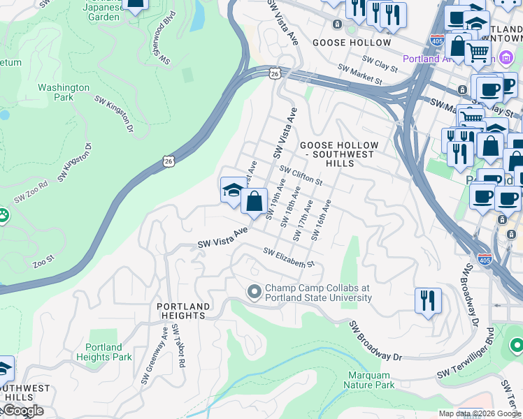 map of restaurants, bars, coffee shops, grocery stores, and more near 1925 Southwest Elm Street in Portland