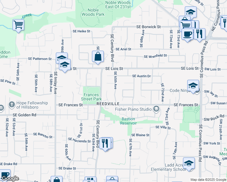 map of restaurants, bars, coffee shops, grocery stores, and more near 1317 Southeast 65th Avenue in Hillsboro