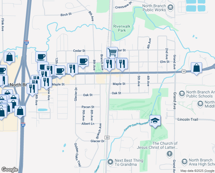 map of restaurants, bars, coffee shops, grocery stores, and more near 6311 Maple Street in North Branch