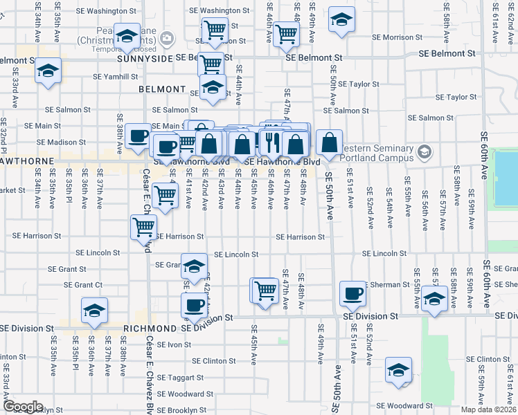 map of restaurants, bars, coffee shops, grocery stores, and more near 1810 Southeast 45th Avenue in Portland
