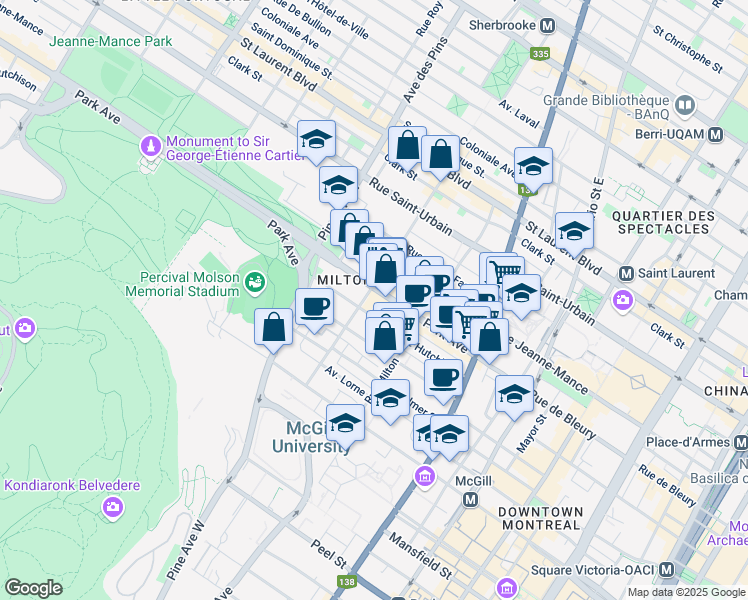 map of restaurants, bars, coffee shops, grocery stores, and more near in Montreal