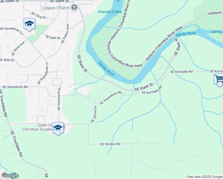 map of restaurants, bars, coffee shops, grocery stores, and more near 28499 Southeast Sweetbriar Road in Troutdale