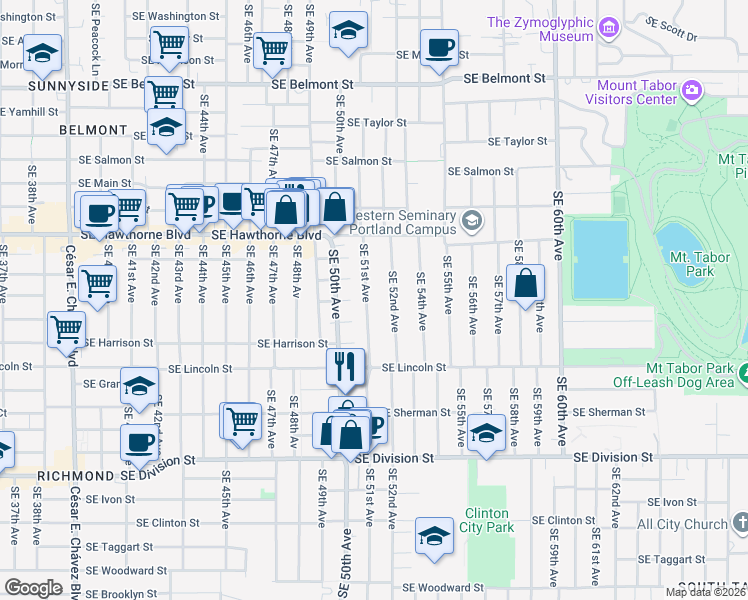 map of restaurants, bars, coffee shops, grocery stores, and more near 1746 Southeast 51st Avenue in Portland
