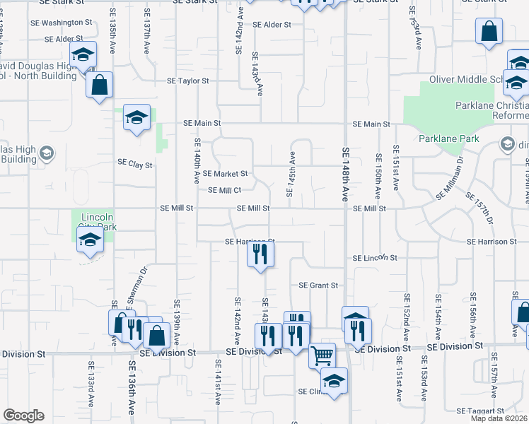 map of restaurants, bars, coffee shops, grocery stores, and more near 14266 Southeast Mill Street in Portland