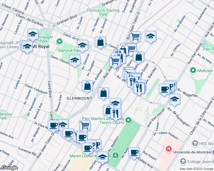 map of restaurants, bars, coffee shops, grocery stores, and more near 3025 Chemin Bates in Montréal