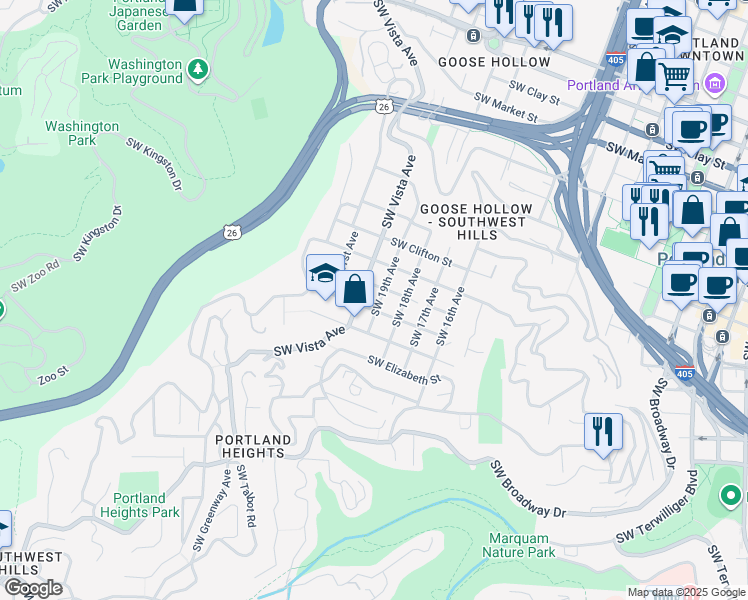 map of restaurants, bars, coffee shops, grocery stores, and more near 2323 Southwest 19th Avenue in Portland
