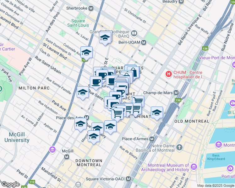 map of restaurants, bars, coffee shops, grocery stores, and more near 1424 Boulevard Saint-Laurent in Montréal