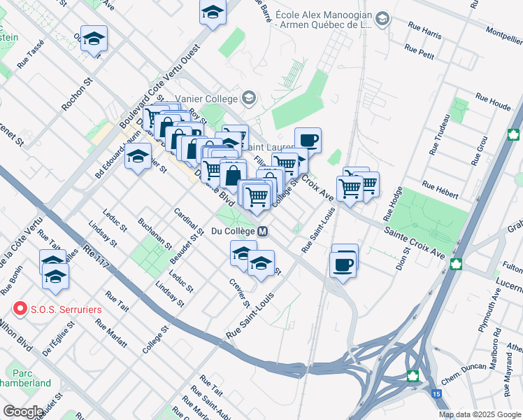 map of restaurants, bars, coffee shops, grocery stores, and more near 1495 Rue du Collège in Montréal