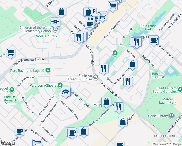 map of restaurants, bars, coffee shops, grocery stores, and more near 3625 Rue Jean-Gascon in Montréal
