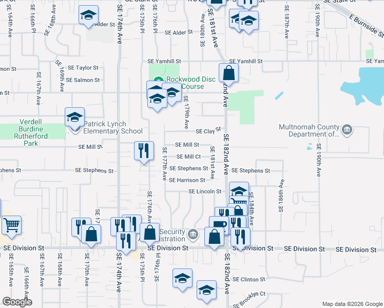 map of restaurants, bars, coffee shops, grocery stores, and more near 17913 Southeast Mill Court in Portland