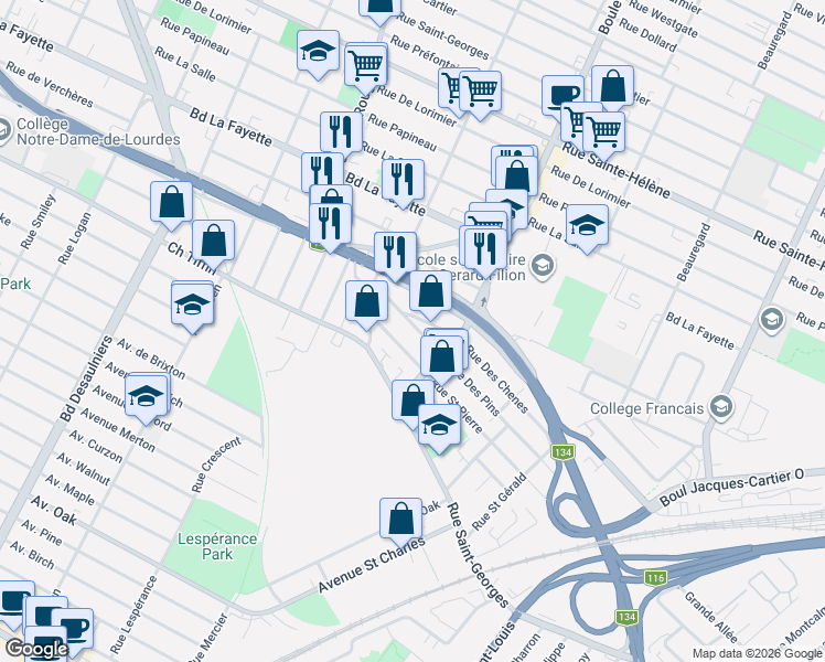 map of restaurants, bars, coffee shops, grocery stores, and more near 1681 Avenue des Pins in Longueuil