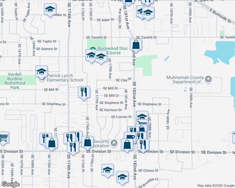 map of restaurants, bars, coffee shops, grocery stores, and more near 17949 Southeast Mill Court in Portland