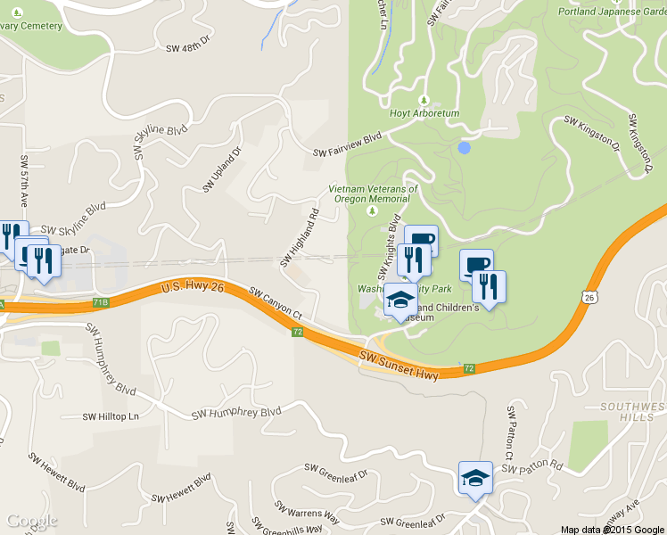 map of restaurants, bars, coffee shops, grocery stores, and more near 4220 Southwest Strathfell Lane in Portland