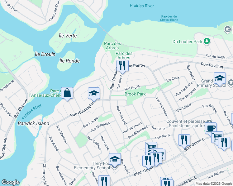 map of restaurants, bars, coffee shops, grocery stores, and more near 12830 Rue Brook in Montréal