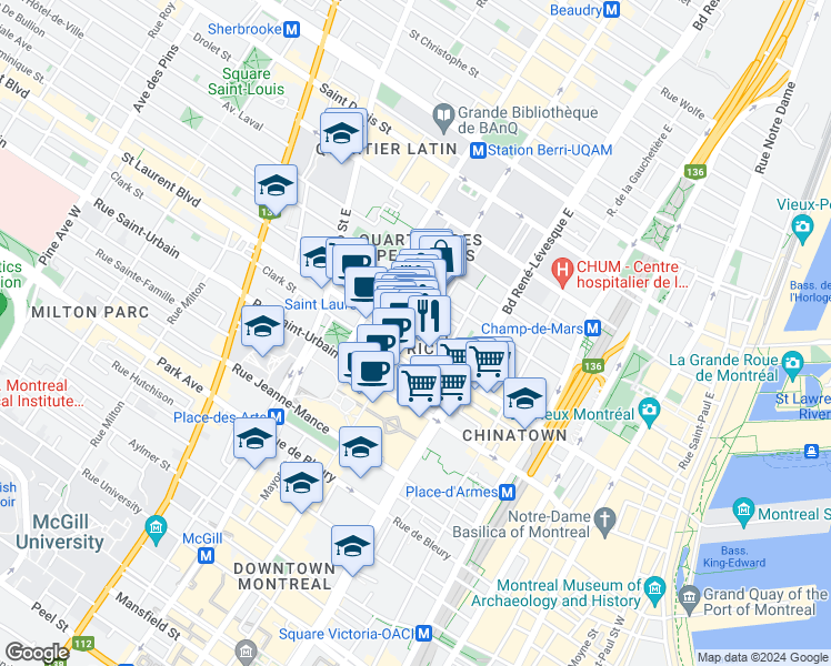 map of restaurants, bars, coffee shops, grocery stores, and more near 2 Rue Sainte-Catherine Est in Montréal