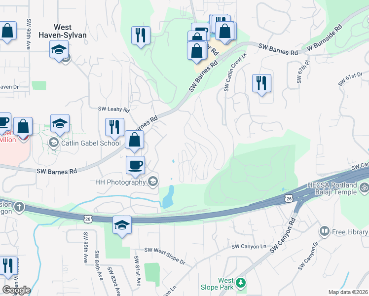 map of restaurants, bars, coffee shops, grocery stores, and more near 7542 Southwest Barnes Road in Portland