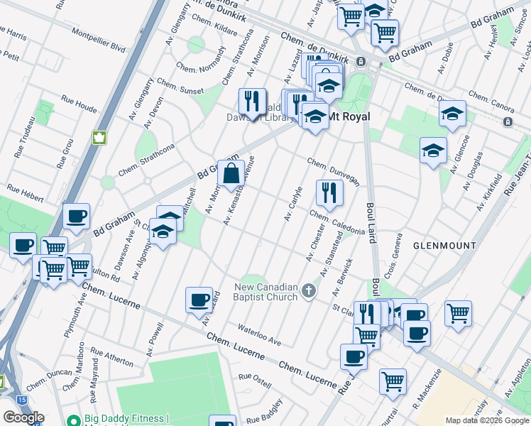 map of restaurants, bars, coffee shops, grocery stores, and more near 339 Avenue Kindersley in Mont-Royal
