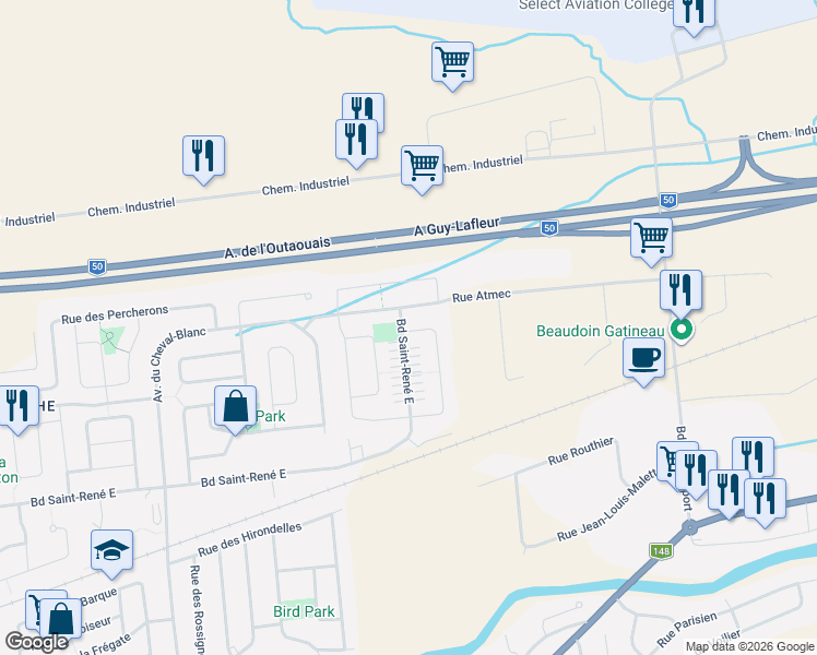 map of restaurants, bars, coffee shops, grocery stores, and more near 208 Rue Paul-Laframboise in Gatineau