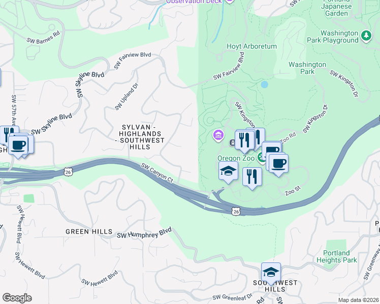 map of restaurants, bars, coffee shops, grocery stores, and more near 4220 Southwest Strathfell Lane in Portland
