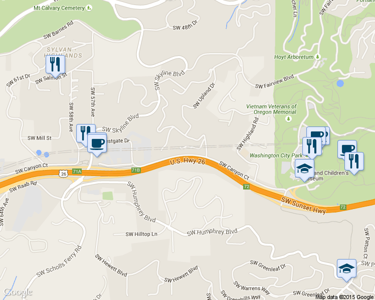 map of restaurants, bars, coffee shops, grocery stores, and more near 4828 SW Elm Ln in Portland