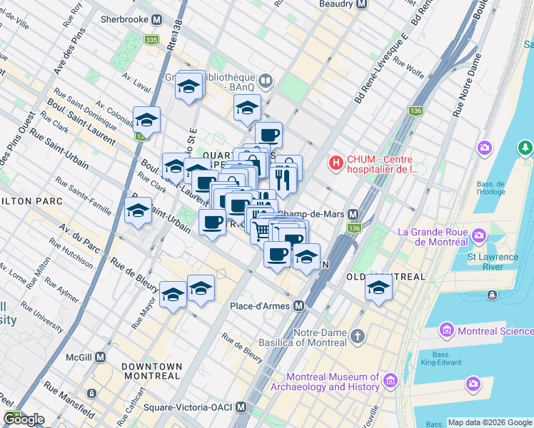 map of restaurants, bars, coffee shops, grocery stores, and more near 88 Charlotte Street in Montrã©Al