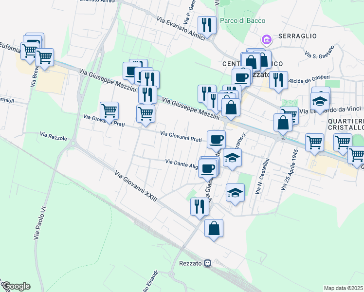 map of restaurants, bars, coffee shops, grocery stores, and more near 14 Via I Maggio in Rezzato