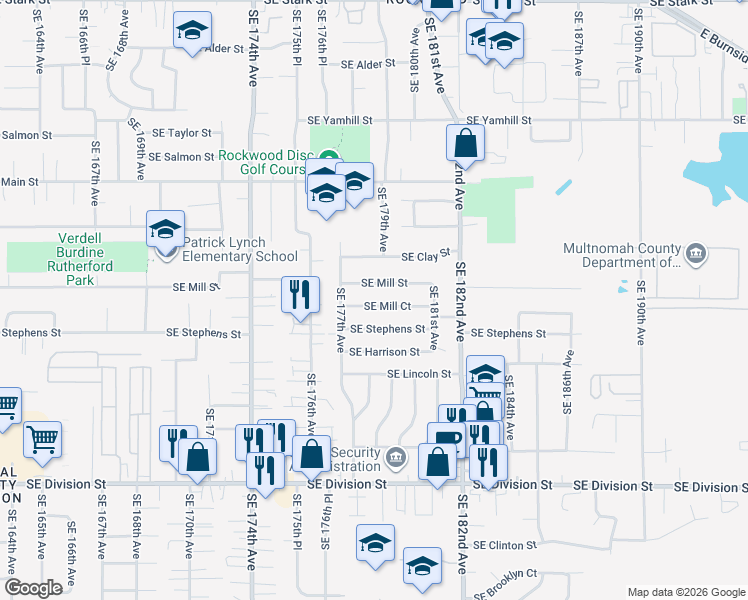 map of restaurants, bars, coffee shops, grocery stores, and more near 17831 Southeast Mill Court in Portland