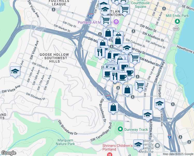 map of restaurants, bars, coffee shops, grocery stores, and more near 1949 Southwest Park Avenue in Portland