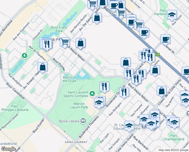 map of restaurants, bars, coffee shops, grocery stores, and more near 2309 Rue Robert-Peary in Montréal