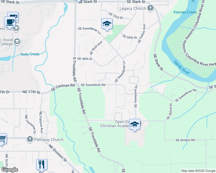 map of restaurants, bars, coffee shops, grocery stores, and more near 4406 Southeast Jones Lane in Troutdale