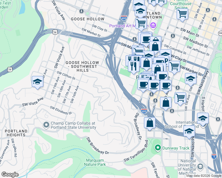 map of restaurants, bars, coffee shops, grocery stores, and more near 1281 Southwest Cardinell Drive in Portland