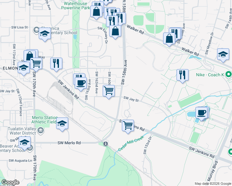 map of restaurants, bars, coffee shops, grocery stores, and more near 1340 Southwest 160th Avenue in Beaverton