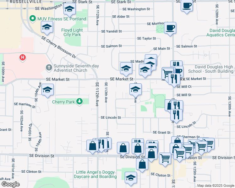 map of restaurants, bars, coffee shops, grocery stores, and more near 18 Southeast 114th Place in Portland