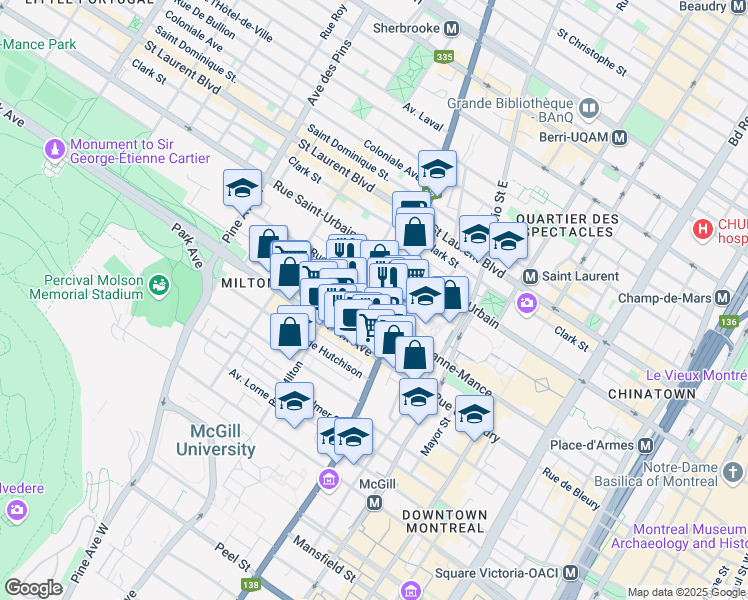 map of restaurants, bars, coffee shops, grocery stores, and more near 3434 Rue Sainte Famille in Montréal