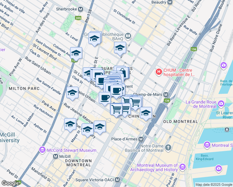 map of restaurants, bars, coffee shops, grocery stores, and more near in Montreal