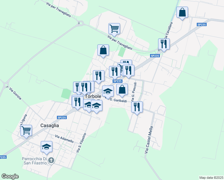 map of restaurants, bars, coffee shops, grocery stores, and more near 97 Via G. Mazzini in Torbole Casaglia