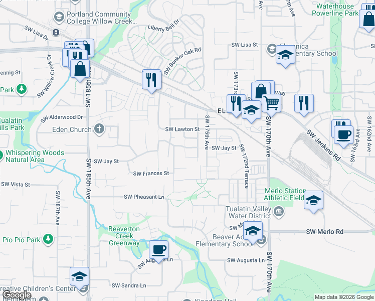 map of restaurants, bars, coffee shops, grocery stores, and more near 17686 Southwest Jay Street in Beaverton