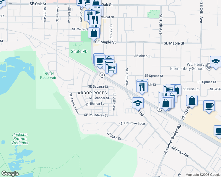 map of restaurants, bars, coffee shops, grocery stores, and more near 1038 Southeast Nazomi Avenue in Hillsboro