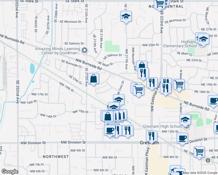 map of restaurants, bars, coffee shops, grocery stores, and more near 826 Northwest Council Drive in Gresham