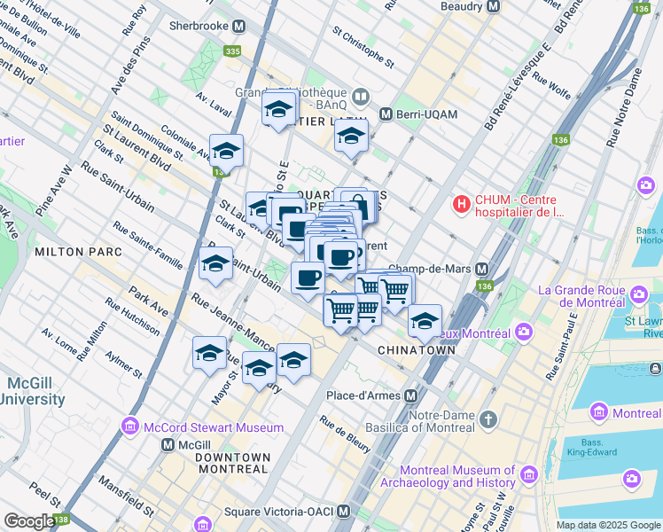 map of restaurants, bars, coffee shops, grocery stores, and more near 9 St Catherine St in Montreal