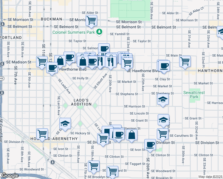 map of restaurants, bars, coffee shops, grocery stores, and more near 1616 Southeast 20th Avenue in Portland