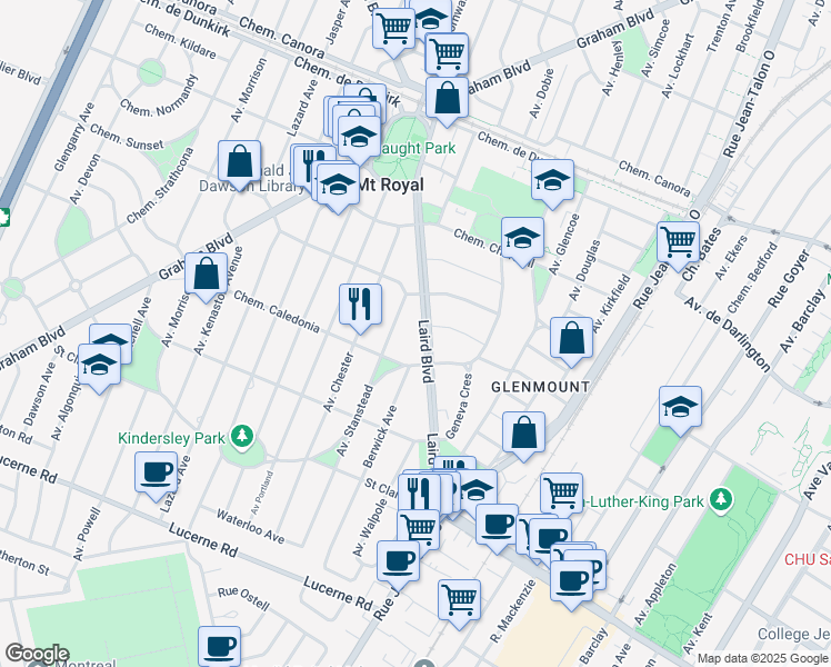 map of restaurants, bars, coffee shops, grocery stores, and more near 555 Boulevard Laird in Mont-Royal