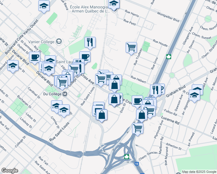 map of restaurants, bars, coffee shops, grocery stores, and more near 359 Avenue Sainte-Croix in Montréal